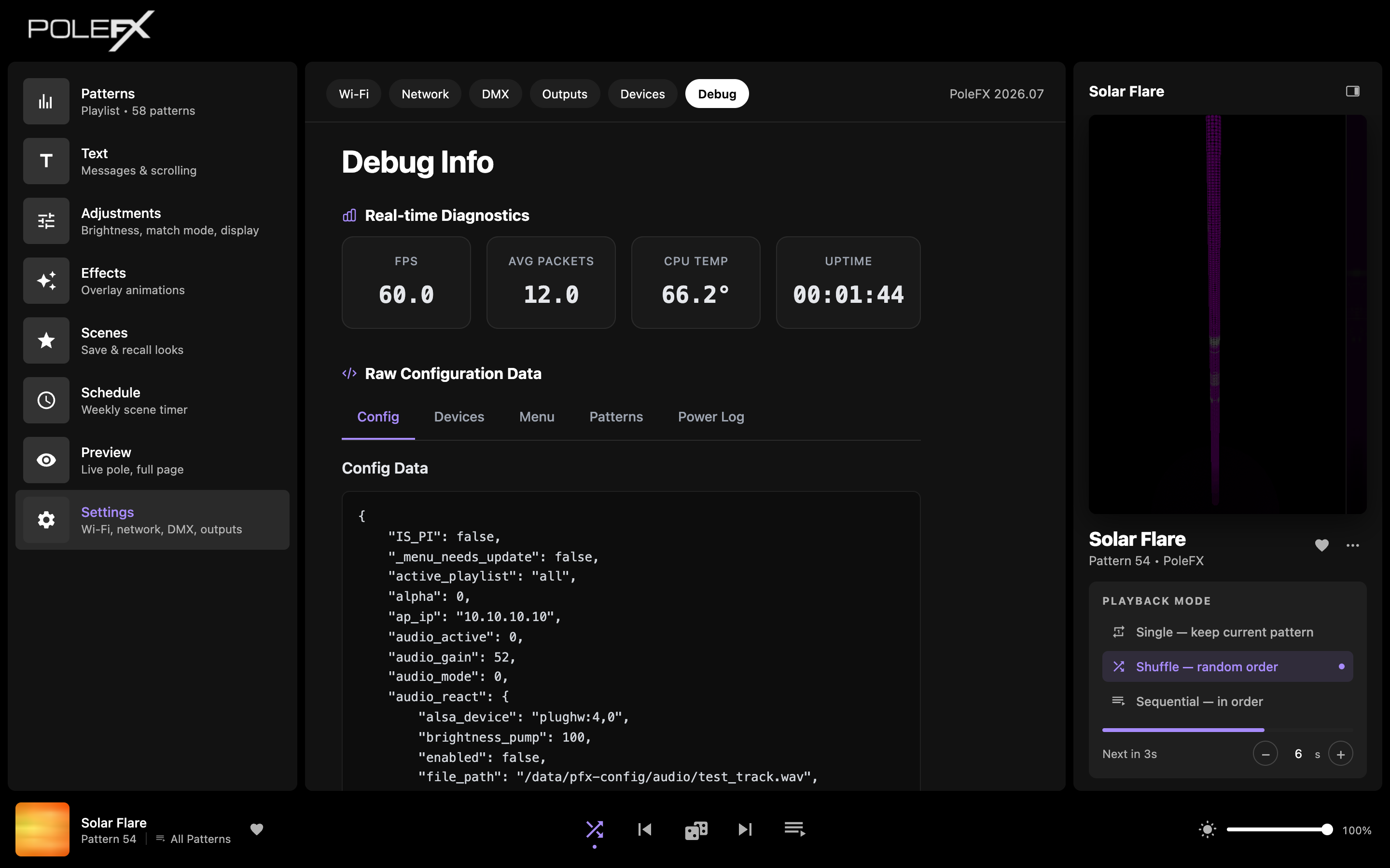 Settings: Debug tab