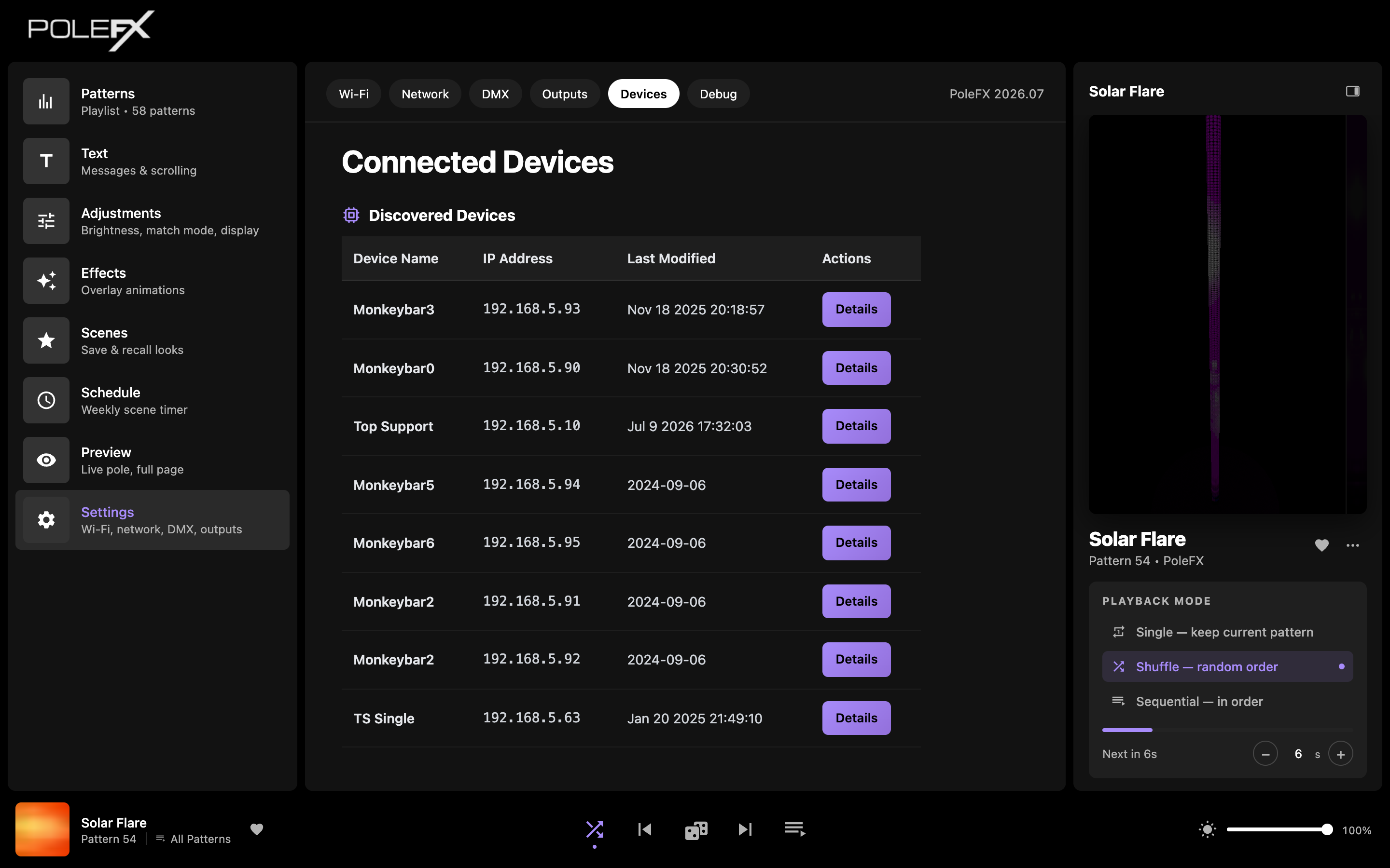Settings: Devices tab