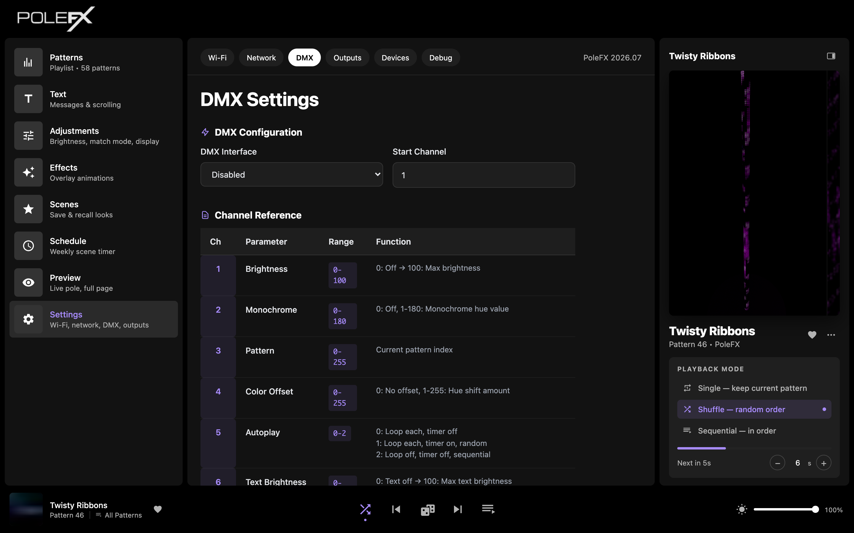 Settings: DMX tab