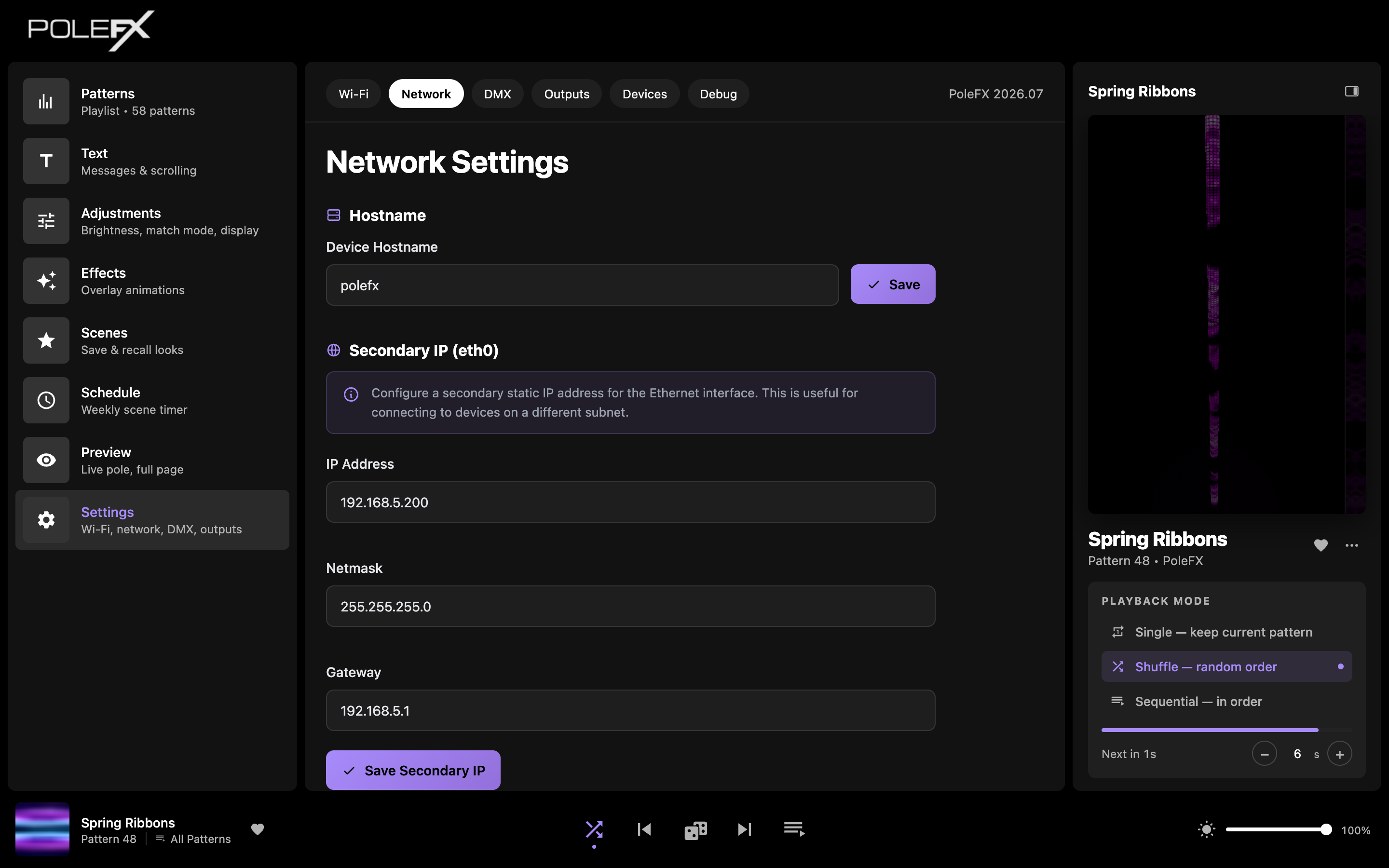 Settings: Network tab