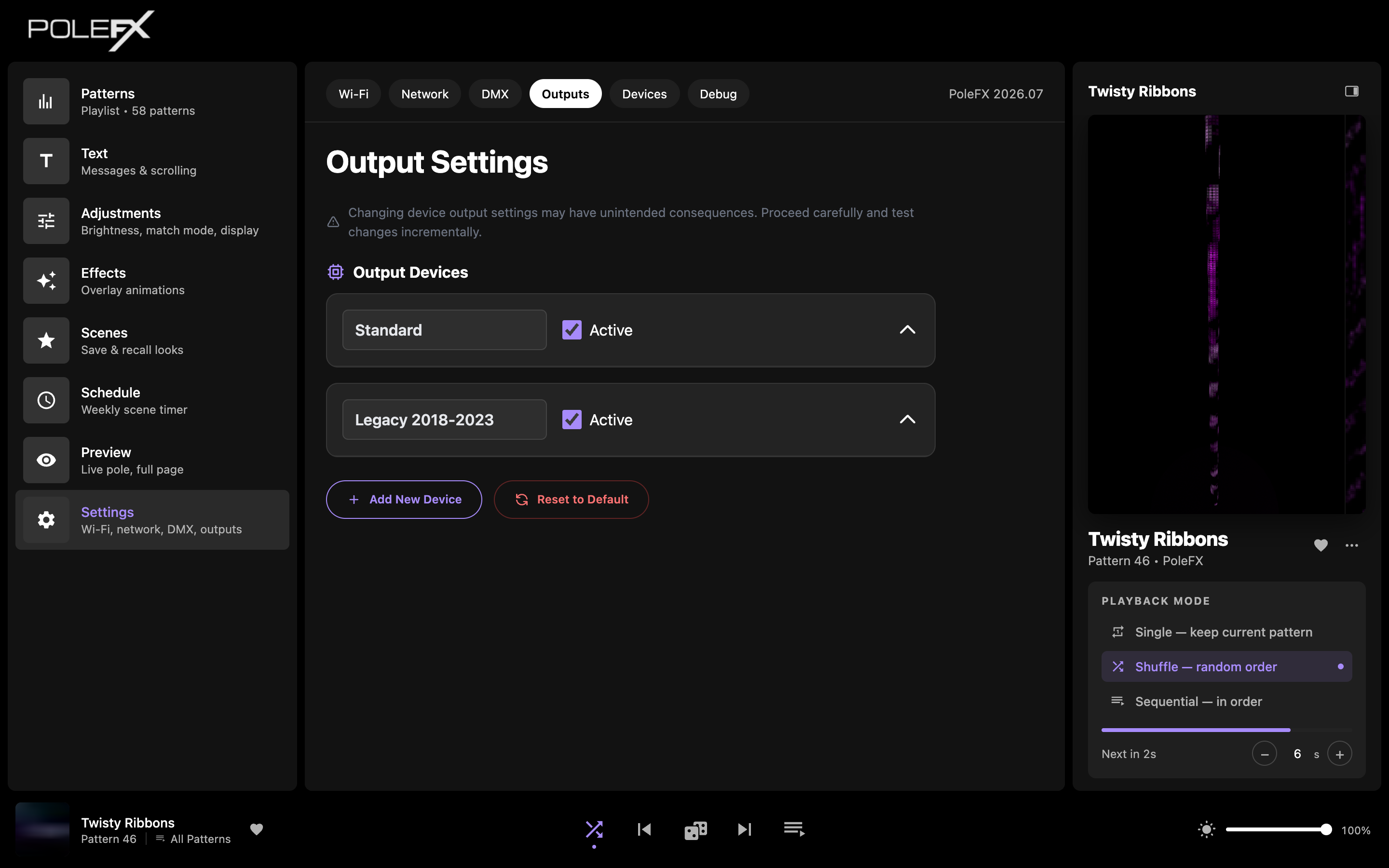 Settings: Outputs tab